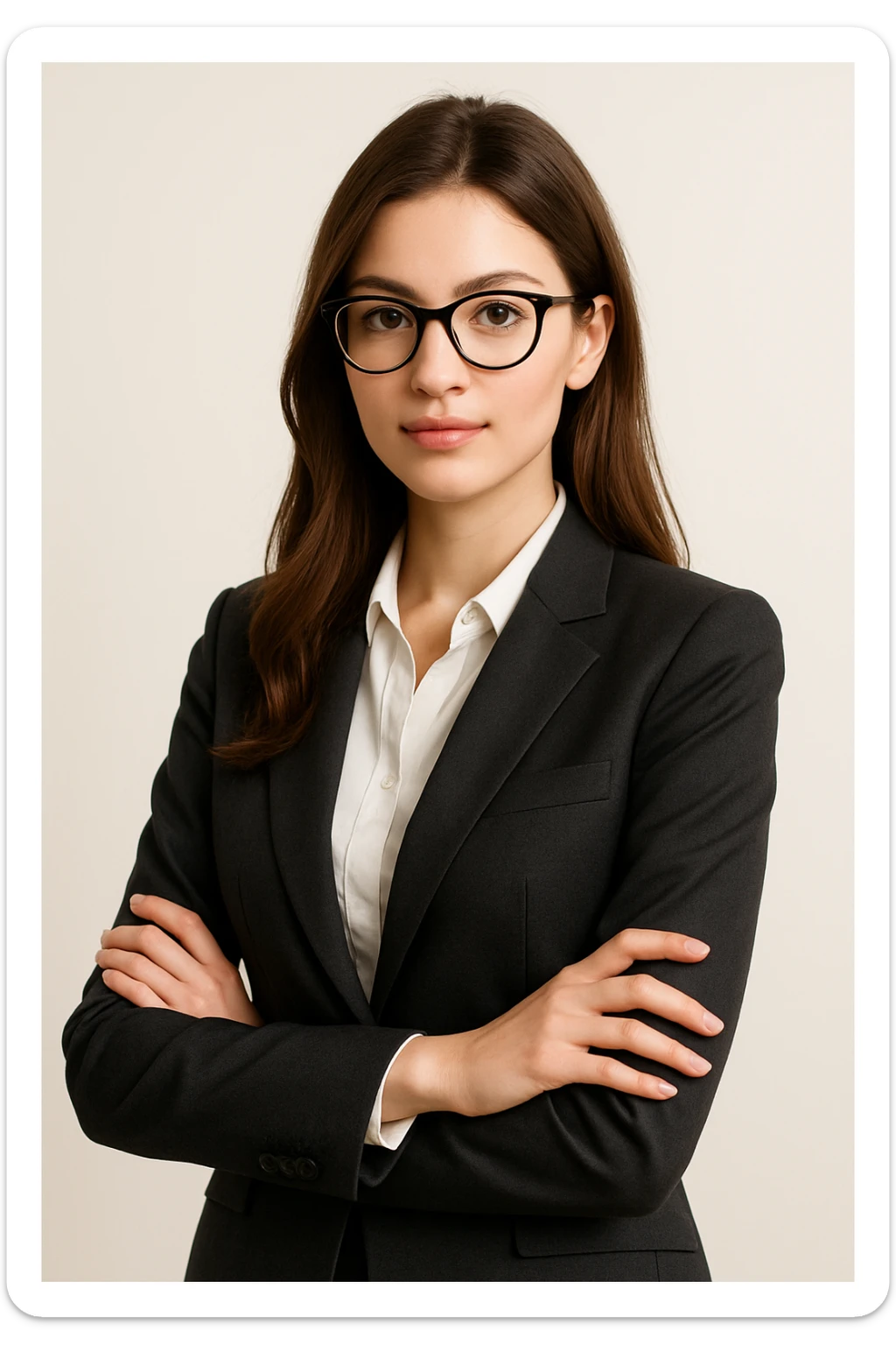 a pretty girl with glasses, wearing a suit, professional and stylish, minimal background sticker