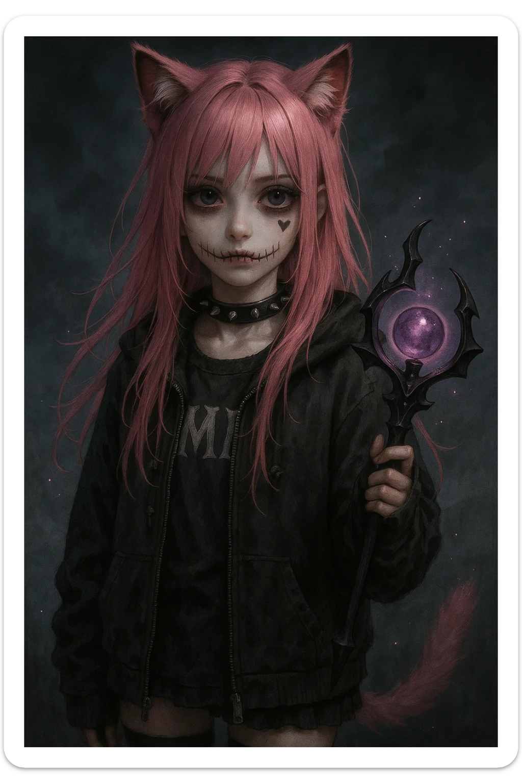realistic anime catgirl with pink hair, emo streetwear, heart tattoo under left eye, dark magical accessory, sparkles, stormy background, stitched mouth horror look with stitched lips, haunted eyes, pale skin sticker