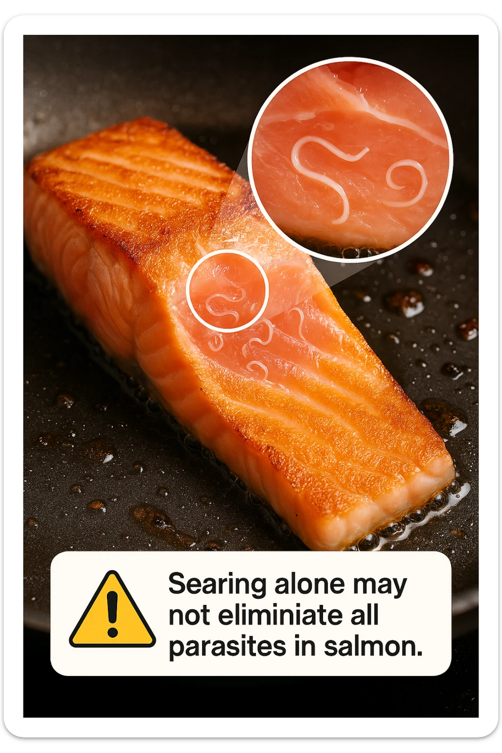 a close-up of a salmon fillet being lightly seared in a hot pan, with the outer layer cooked but the inside still raw. An inset magnifies the interior, showing visible Anisakis parasites surviving in the uncooked portion. A warning icon and educational text explain that searing alone may not eliminate all parasites. sticker