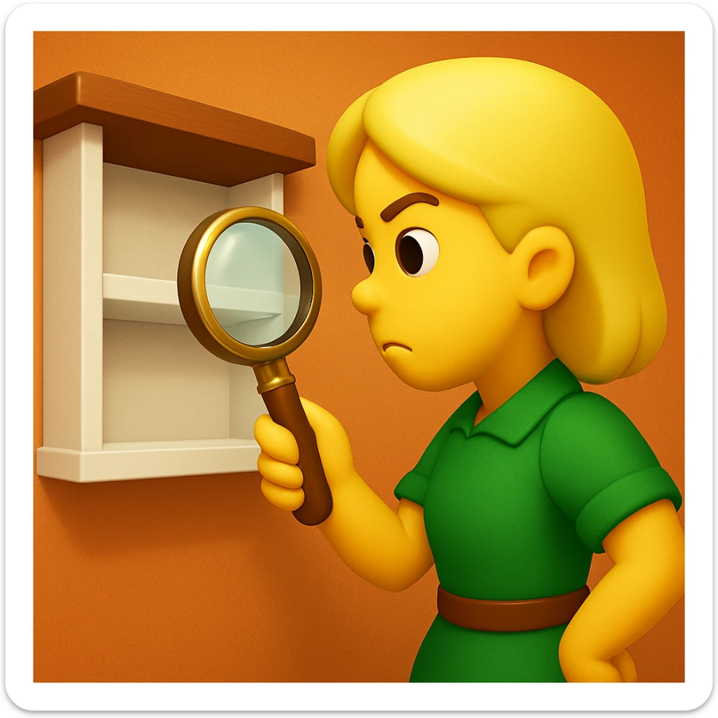 emoji of white empty shelf in perspective view with a standing woman nearby, she is looking at the shelfs with a magnifying glass, she is turned to the shelfs, emoji style, woman wearing a green dress, adjust the perspective to be more dramatic, with a different background sticker