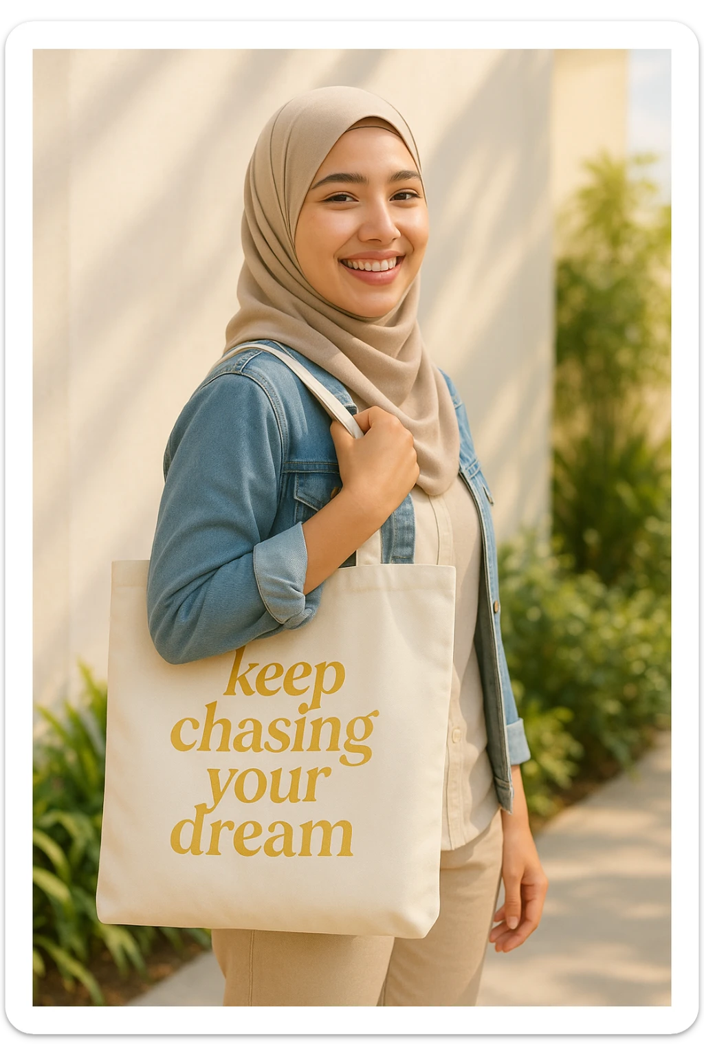 A beautiful, smiling hijabi girl with a tote bag. The bag has 'keep chasing your dream' in soft gold color text, radiating positivity and encouragement. sticker