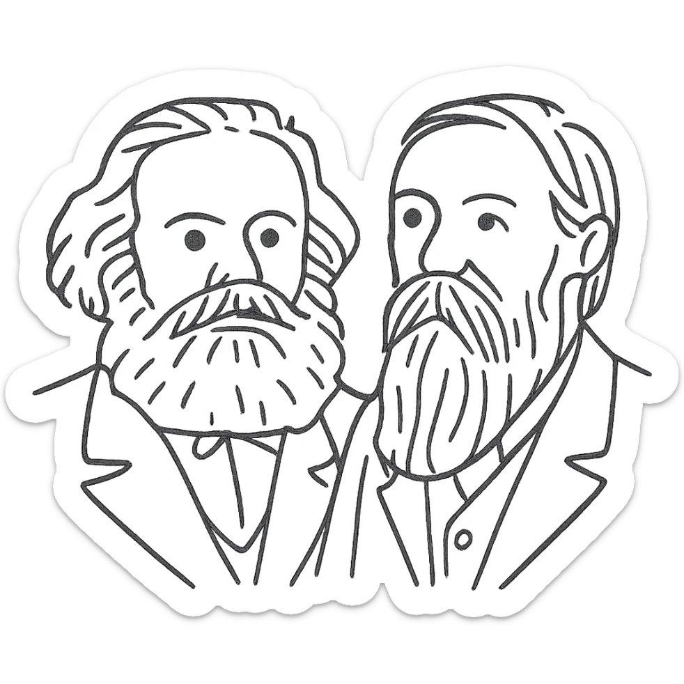 a black outline portrait of Karl Marx and Engels together based on a famous portrait of them, with eyes the same size and noses less abrupt sticker