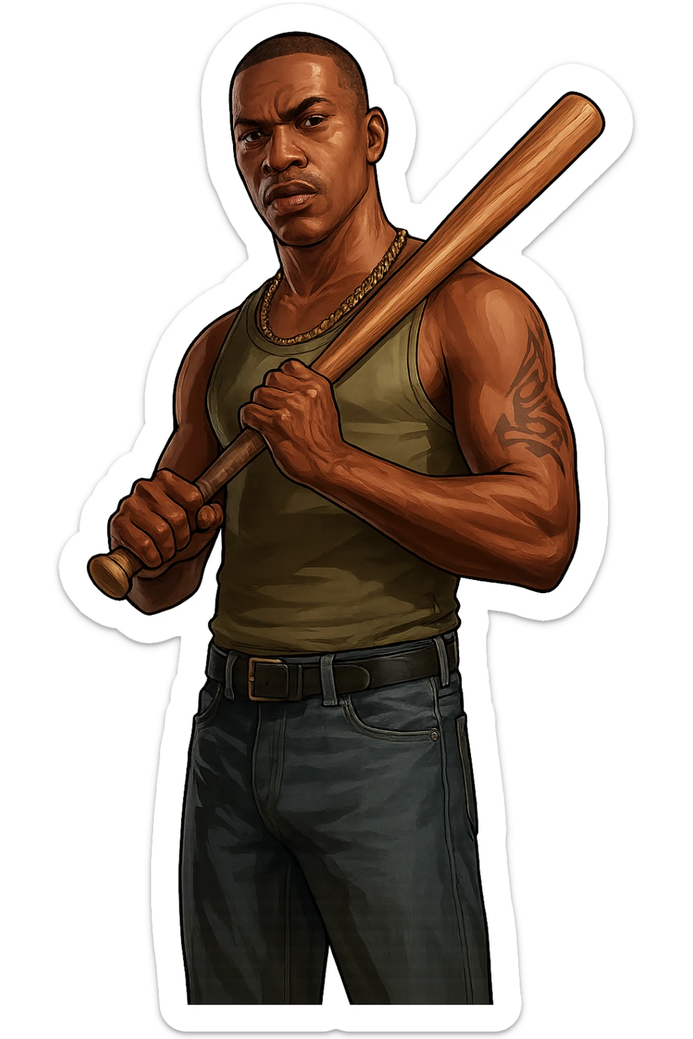 Carl Johnson (CJ) from GTA San Andreas in GTA5 art style, holding a baseball bat, streetwise look, detailed, no background sticker