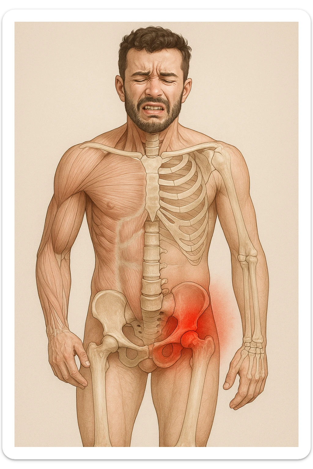 Uomo con dolore per via dei suoi fianchi asimmetrici vista anatomica immagine realistica in 3D sticker