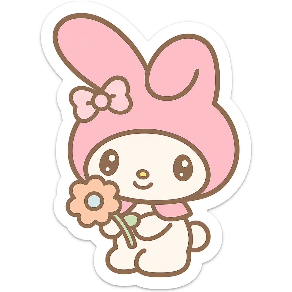 My Melody Sanrio bunny holding a flower with big eyes and pink hood, kawaii style emoji sticker