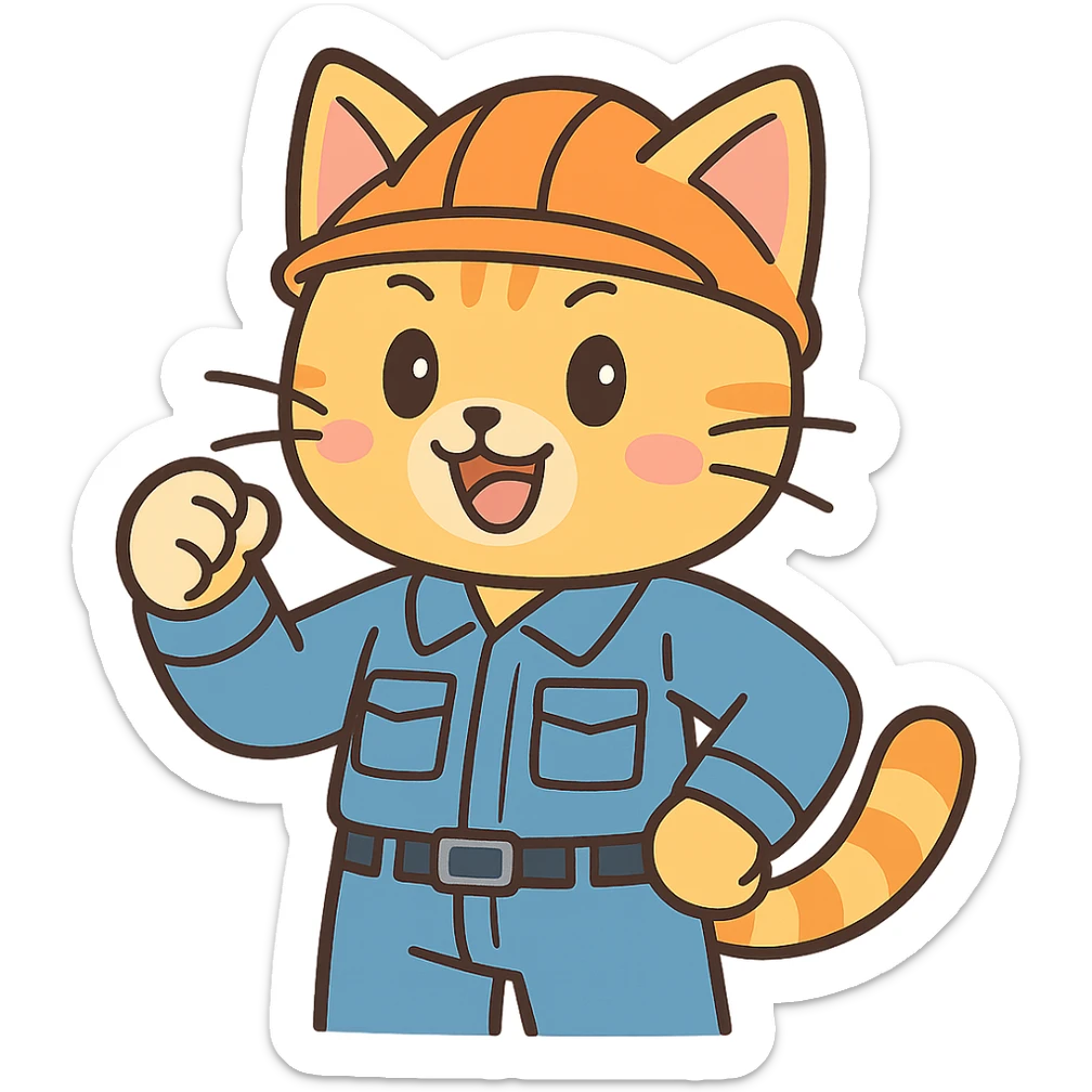cat character with orange hard hat and work uniform, anime inspired sticker