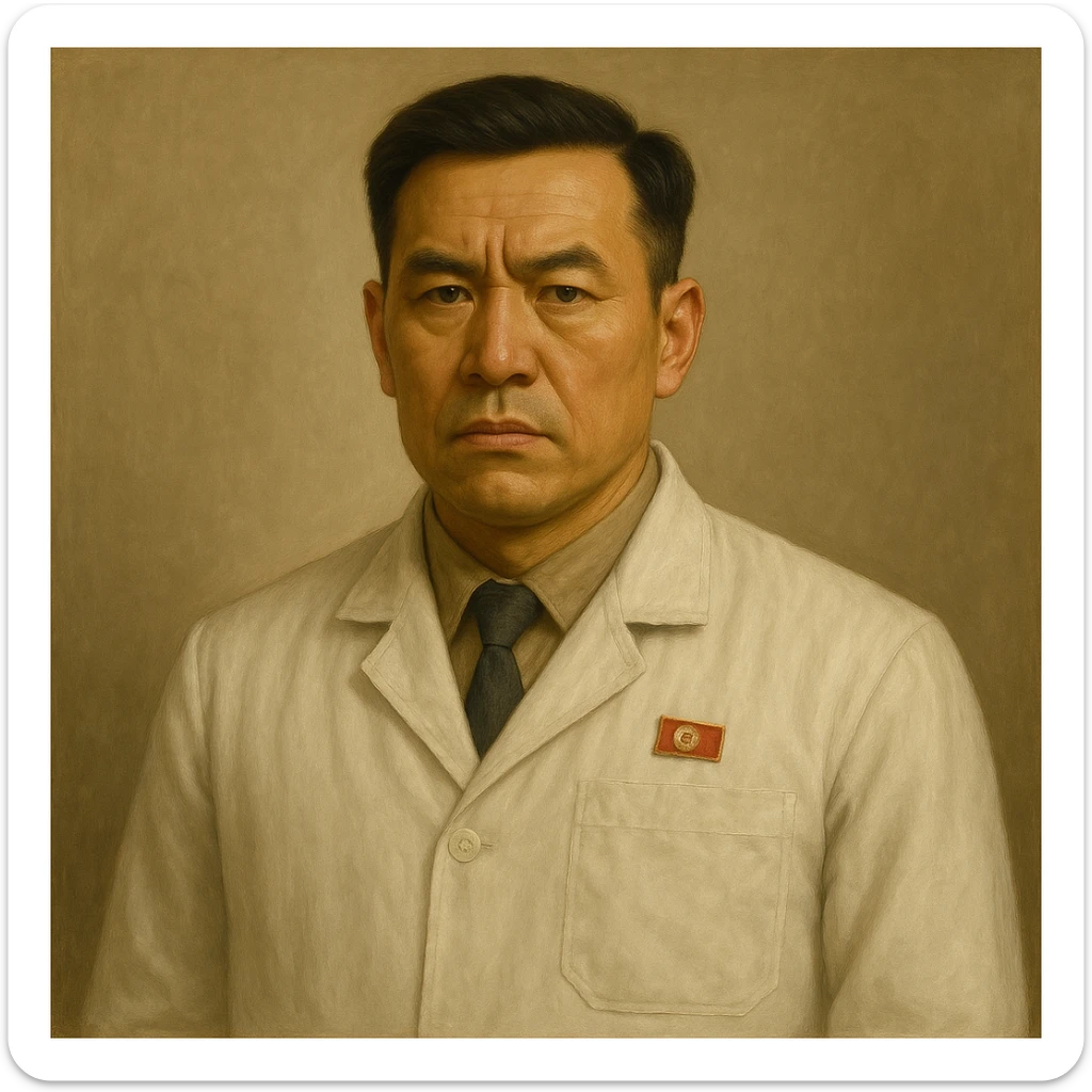 Official portrait of a North Korean man, head of the hull production workshop at a shipyard, serious and formal style, white coat, neutral background, confident and focused expression, style inspired by Soviet and North Korean official portraits, with a different face sticker