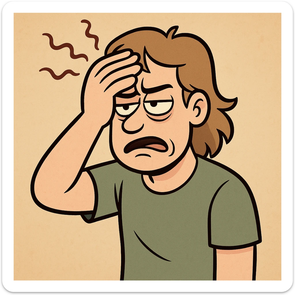 persona con dolor de cabeza, estilo cartoon simple, expresión de molestia, mano en la frente, líneas onduladas sobre la cabeza para indicar dolor sticker