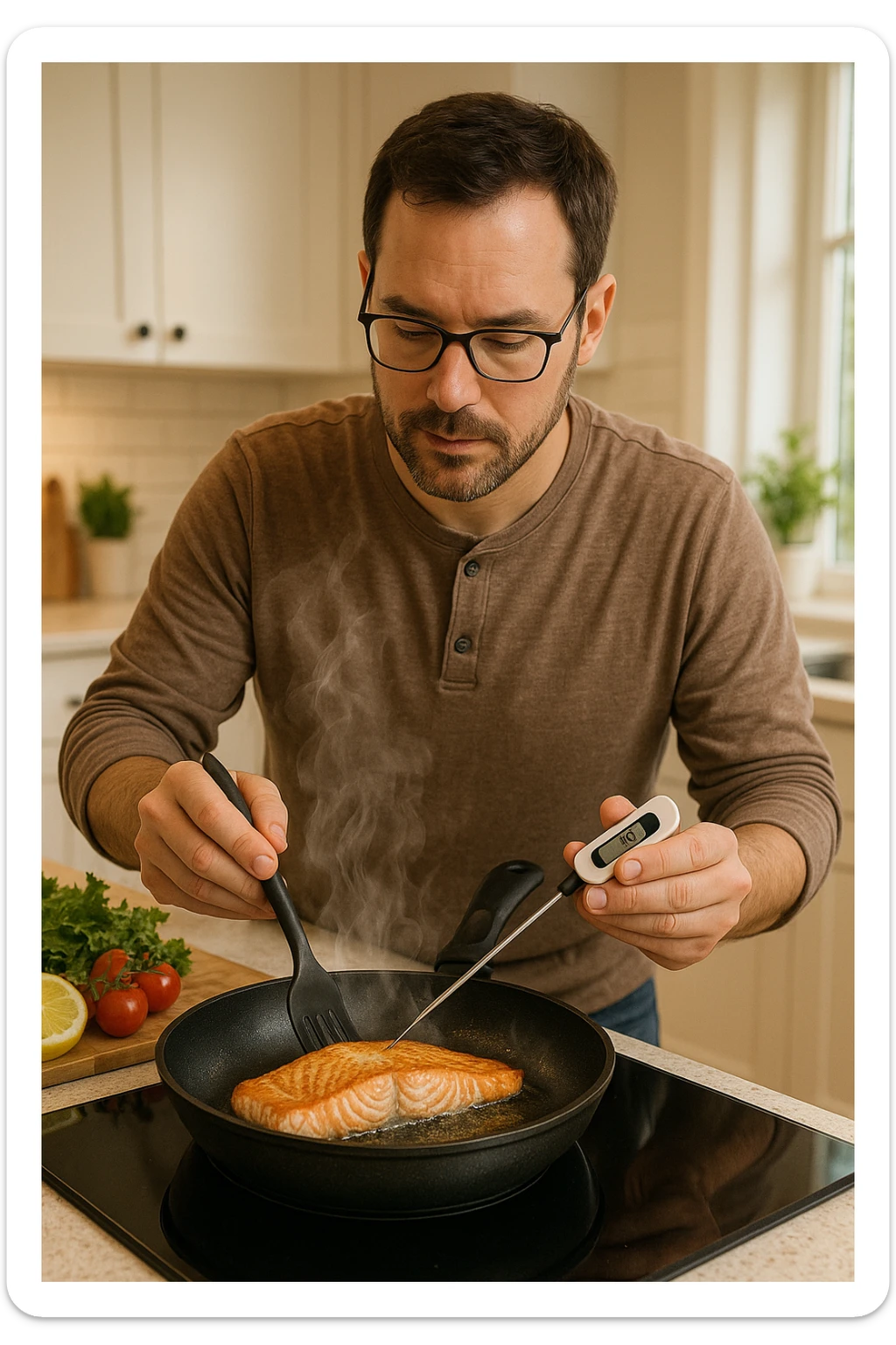 Uomo tra i 30 e i 45 anni in cucina moderna, concentrato mentre cucina un filetto di salmone fresco in padella. Si vede il vapore che sale, la superficie del salmone dorata e ben cotta. L’uomo usa utensili puliti, termometro da cucina nella mano sinistra per controllare la temperatura interna. Sullo sfondo, atmosfera luminosa e pulita, messaggio visivo implicito di sicurezza alimentare e buona pratica. Stile realistico e rassicurante, colori caldi e tono domestico. sticker