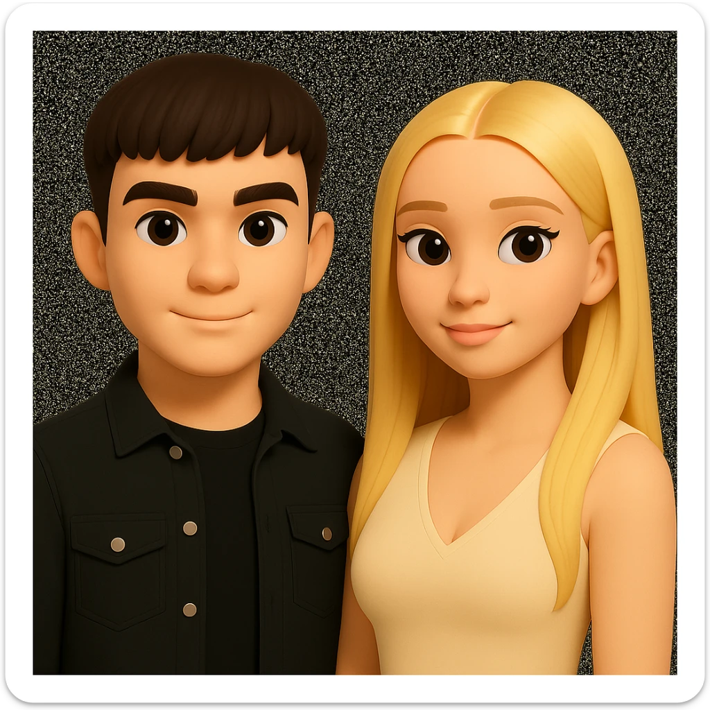 Slightly increase the volume of the upper body of the girl, spread them far apart from each other, make the skin color the same for both characters, while preserving the cartoonish 3D style as seen in the reference image. sticker