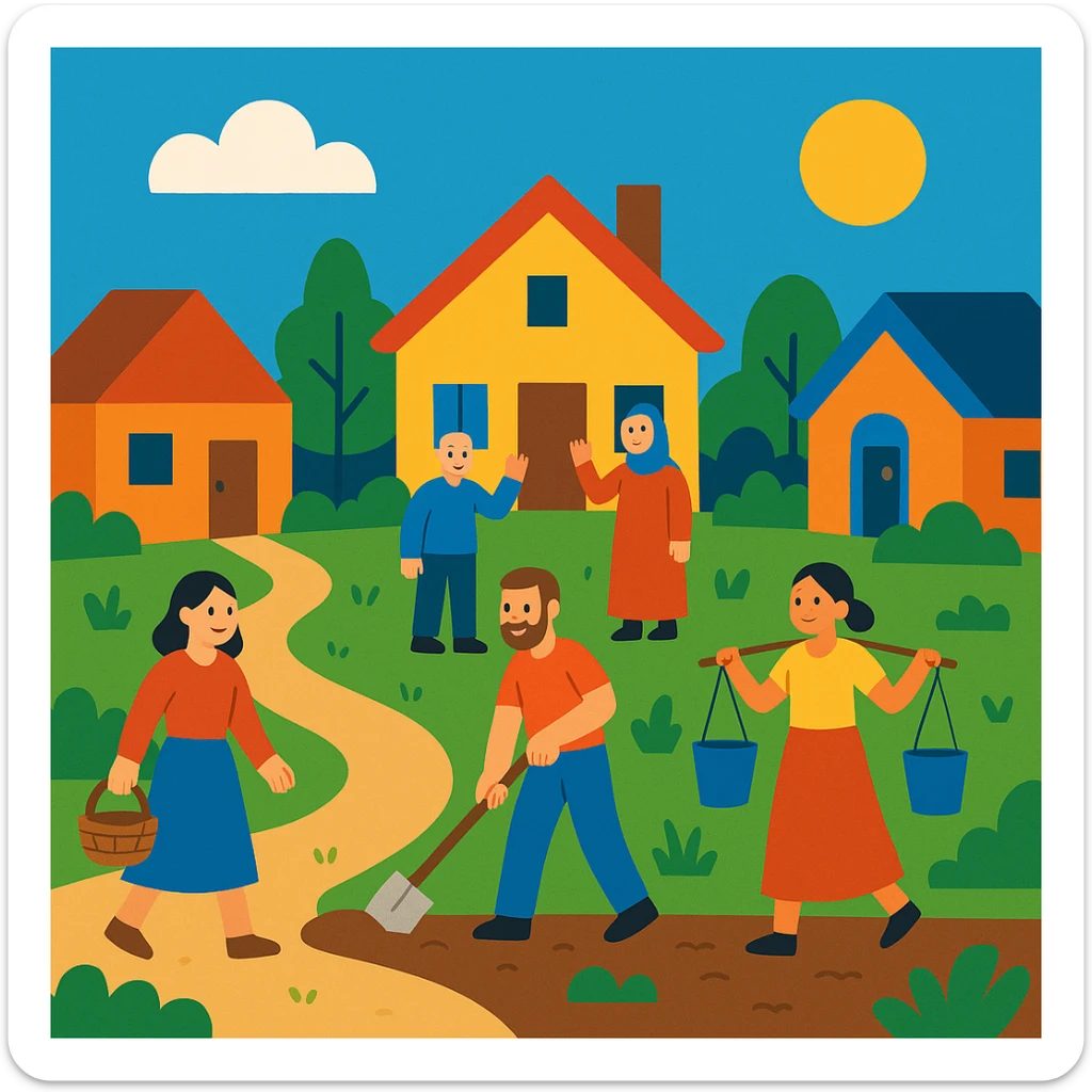 flat toon style village life with simple shapes, bright colors, villagers, and houses sticker