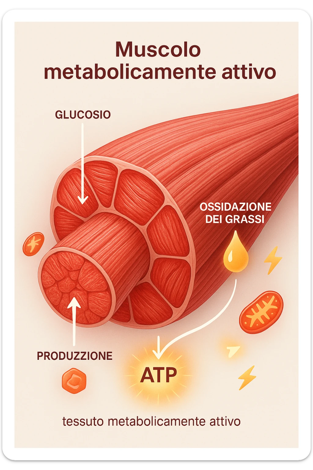 a highly detailed cross-section of human skeletal muscle fibers, shown in vibrant red and pink tones, with visible striations and realistic texture. Glowing arrows and animated icons represent active metabolic processes—such as glucose uptake, fat oxidation, and ATP production—occurring within the muscle tissue. Surrounding the muscle, floating symbols for mitochondria and energy highlight its metabolic activity. The background is clean and clinical, with subtle labels and infographics explaining that muscle is a metabolically active tissue. The overall style is modern, scientific, and visually engaging, suitable for educational or medical use. in italiano sticker