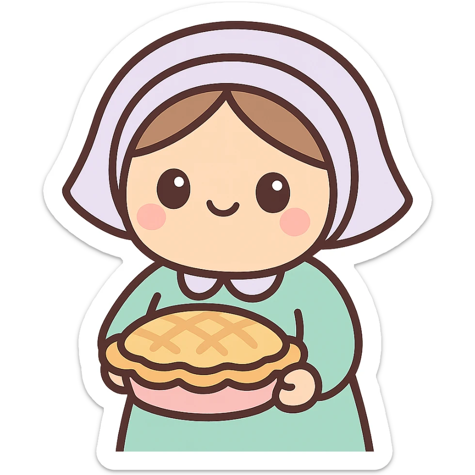 cute kawaii style emoji of an Amish woman holding a pie, wearing a bonnet sticker