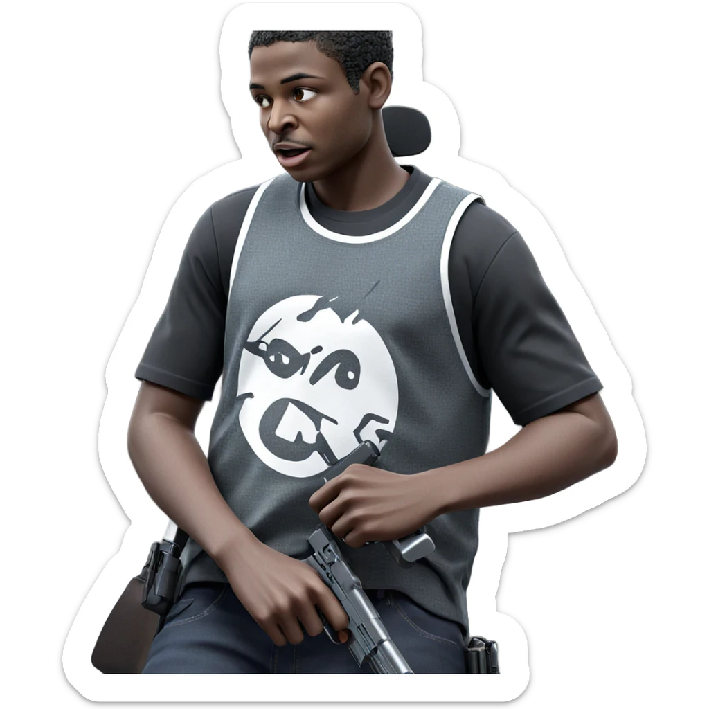 dark-skinned boy with gun sticker