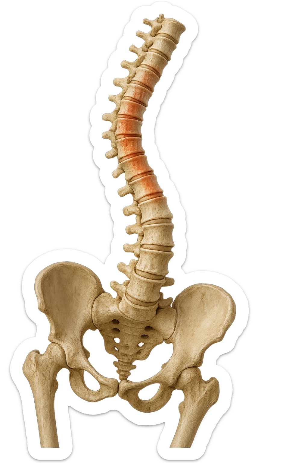 SPINA DORSALE STORTA E INFIAMMATA CON BACINO UMANO ANATOMICO REALISTICO INCLINATO, iperrealistica 4k sticker