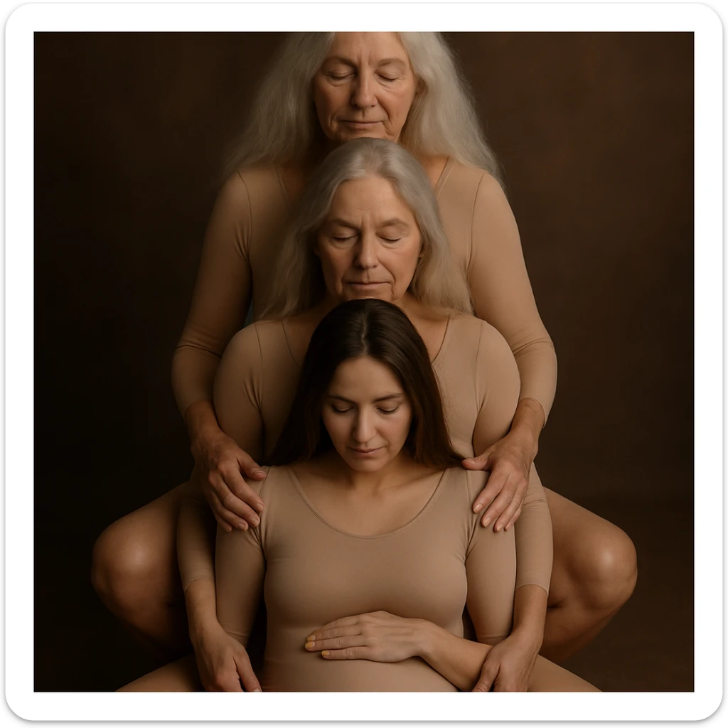 Create a realistic and volumetric illustration of several generations of women sitting one behind another, similar to the reference image. All women are dressed in flesh-colored bodysuits. The drawing should have detailed shadows and highlights, with poses and composition matching the reference. The image should be tasteful and contain no nudity. sticker