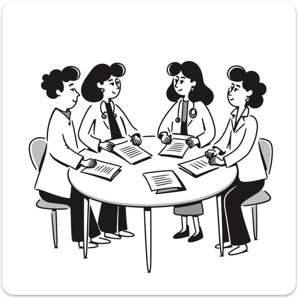 Hand-drawn meeting of emergency medical fund committee with doctors, nurses and financial documents sticker