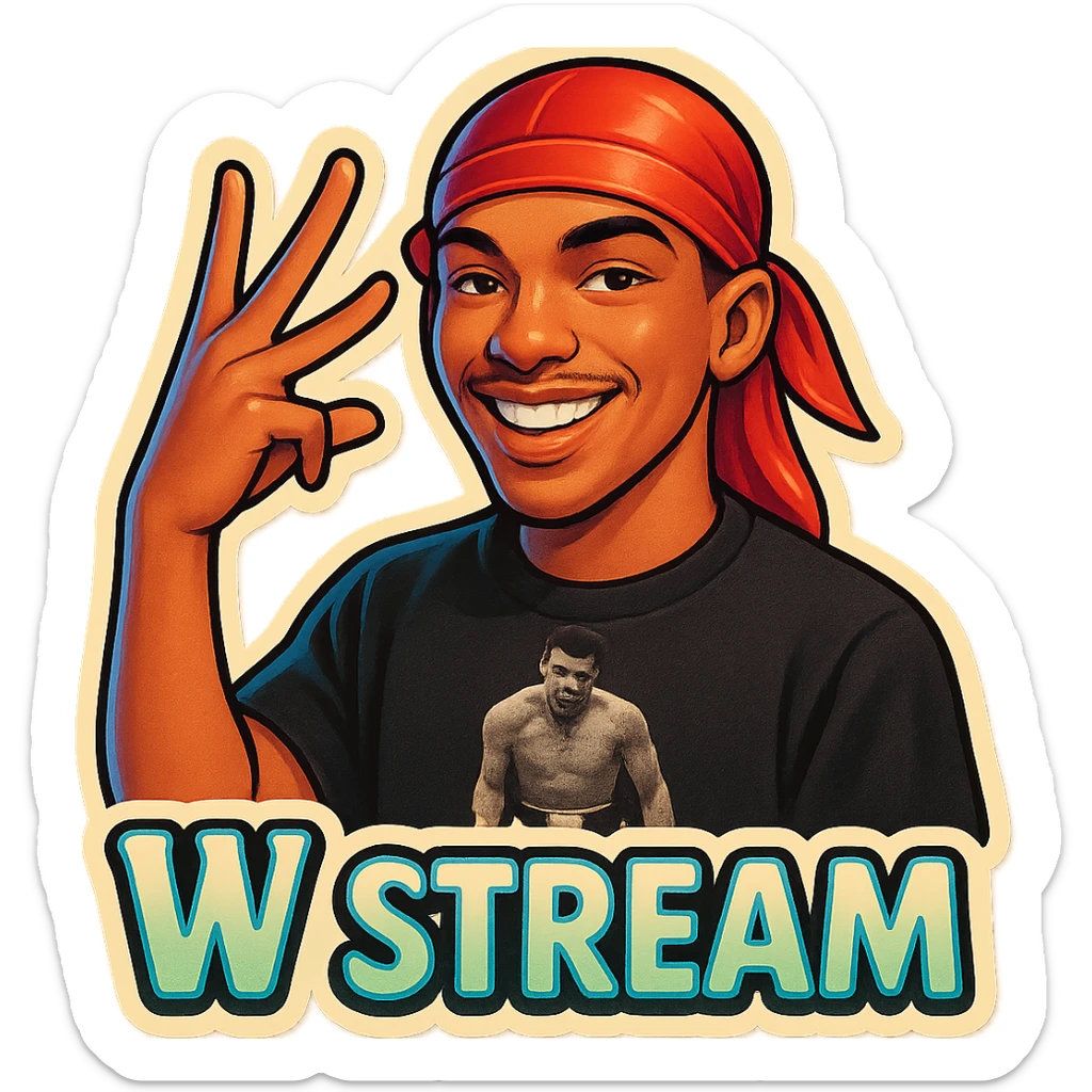 Make him Smiling 
W Finger signal
Change His durag To Red
Add the words W Stream sticker