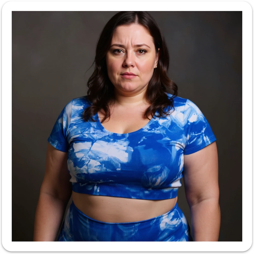 Realistic style woman in sportswear inspired by the reference photo, with a bloated belly and a discomforted expression, neutral background. sticker