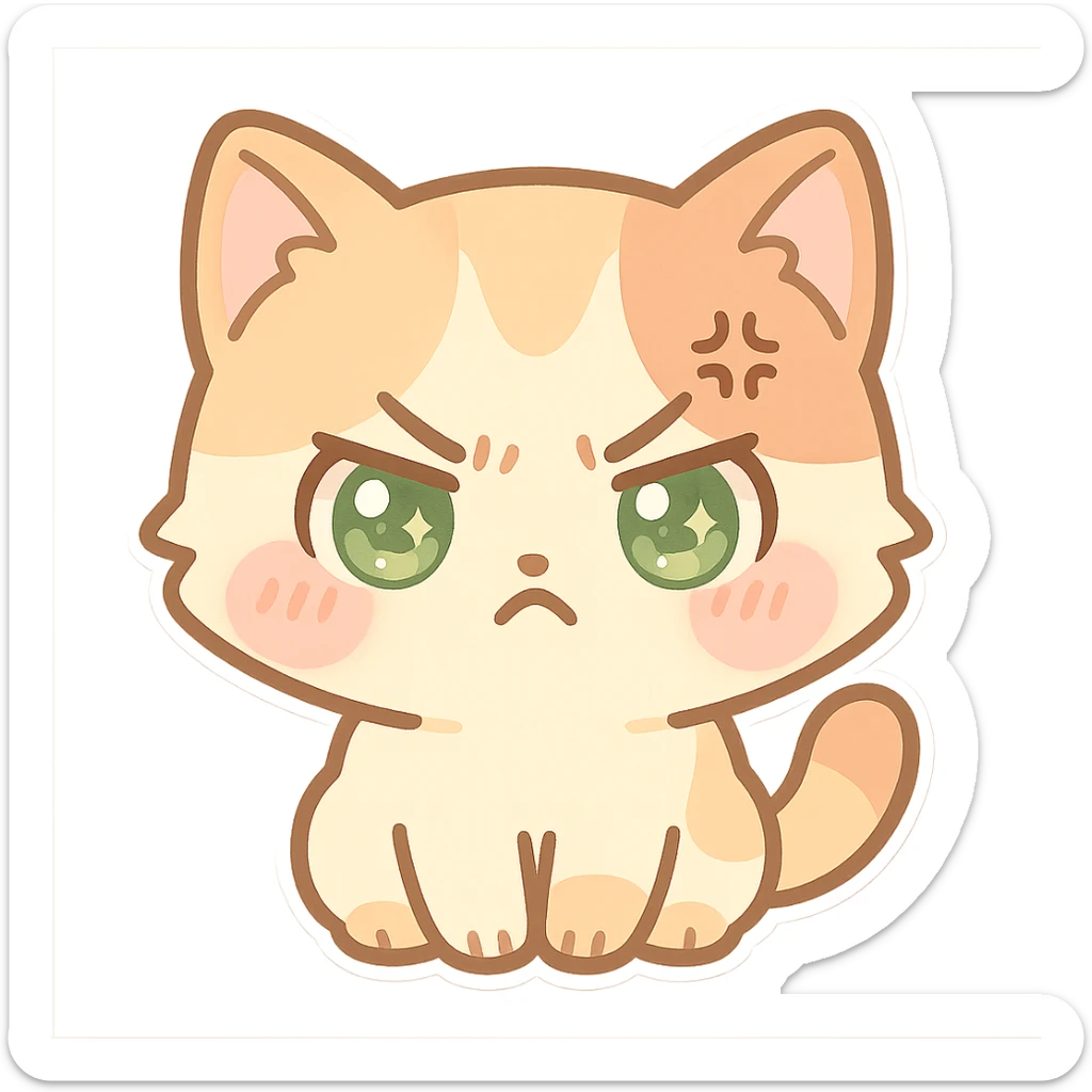 kawaii chibi-style cat emoji with pastel orange and brown cream fur, anime-style angry expression, sparkly green eyes, blushing cheeks, pastel color palette, soft rounded design, vector art sticker