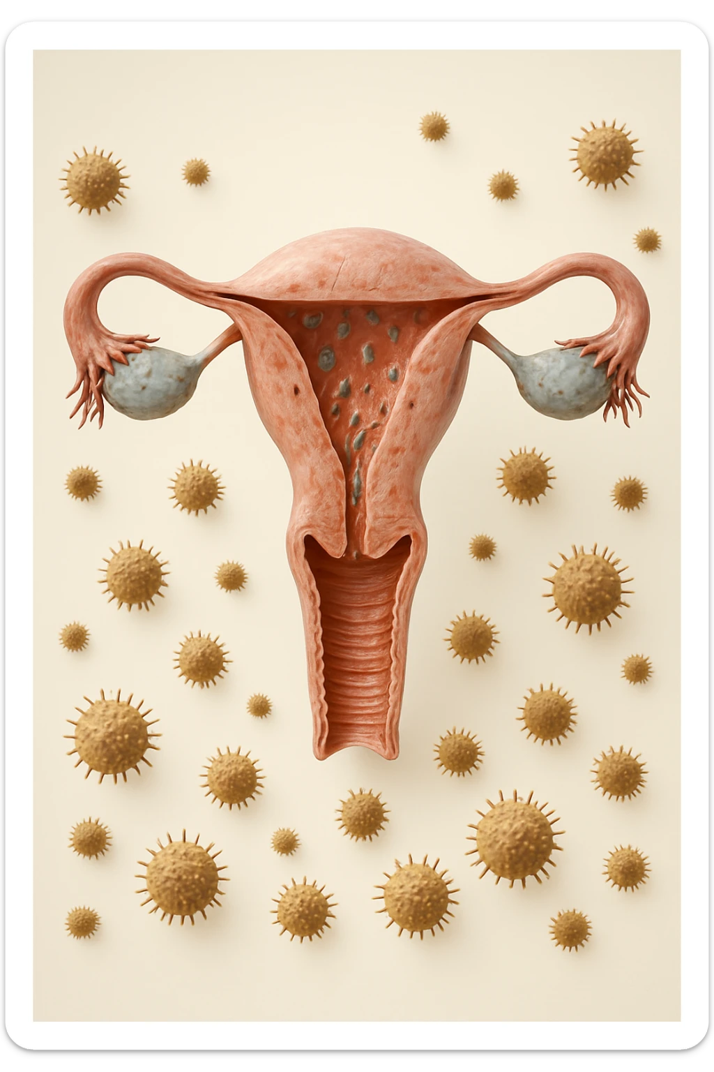 utero umano realistico con batteri della candida intorno, la foto si deve vedere per intero in formato verticale, sullo sfondo neutro chiaro ci sono batteri della candida, iperrealistico 4k sticker