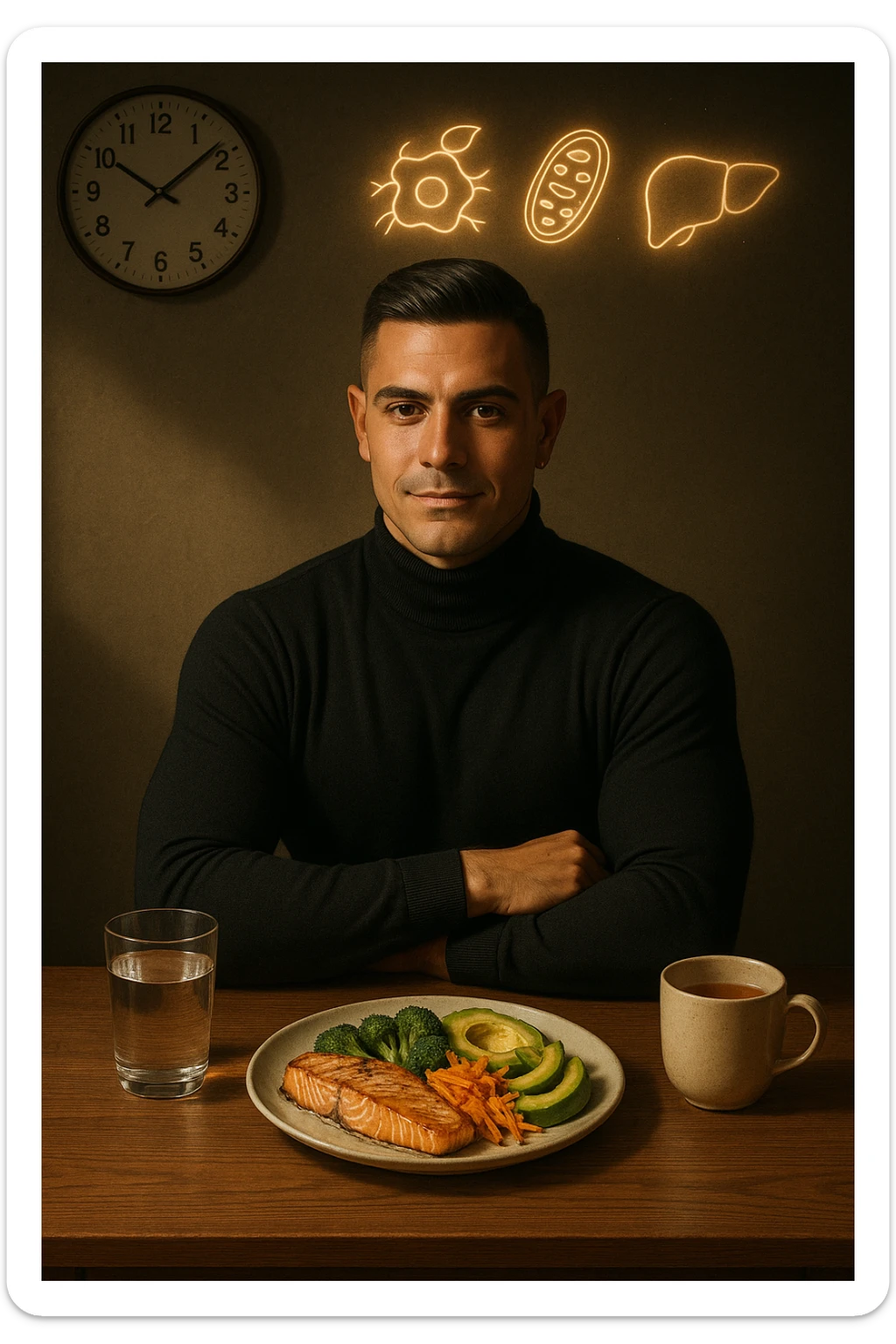 A realistic, cinematic illustration of a healthy, fit man in his early 30s with a calm, disciplined expression, sitting at a clean wooden table in the evening with a single, balanced, nutrient-dense meal in front of him (grilled salmon, colorful vegetables, avocado). The rest of the day he drinks only water and herbal tea, visible in a glass and a simple cup on the side. A wall clock in the background shows 6:00 PM, emphasizing that this is his only meal of the day (OMAD). Subtle glowing icons above him display a regenerating cell, mitochondria, and a liver symbol, representing autophagy, longevity, and health benefits of OMAD. The lighting is warm, with cinematic shadows and natural tones, creating a sense of discipline, mental clarity, and health optimization. The man looks centered and content, showing that OMAD is a conscious choice for energy and regeneration, not restrizione. The scene is realistic with slight film grain for depth sticker