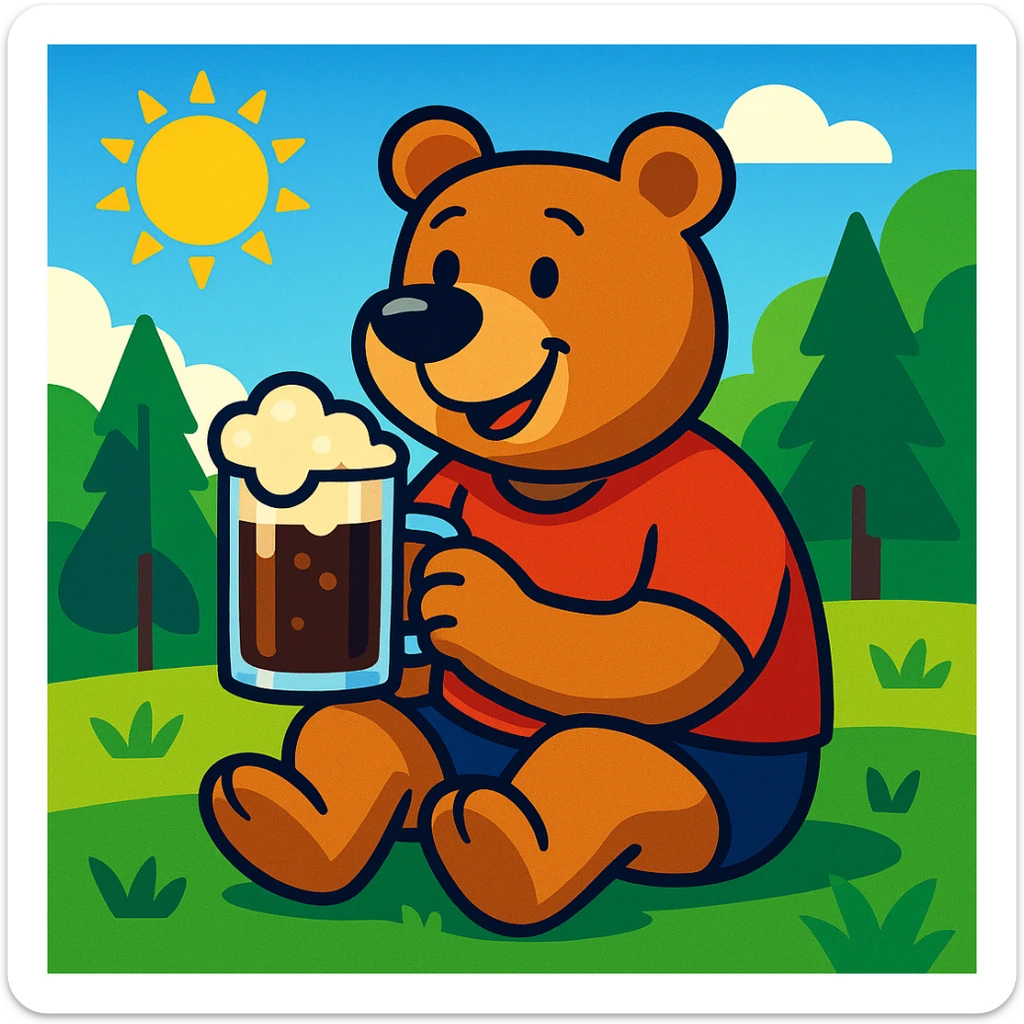 cartoon bear in a red t-shirt sitting on grass in a sunny forest clearing on a clear summer day, holding a glass mug of kvass with foam sticker