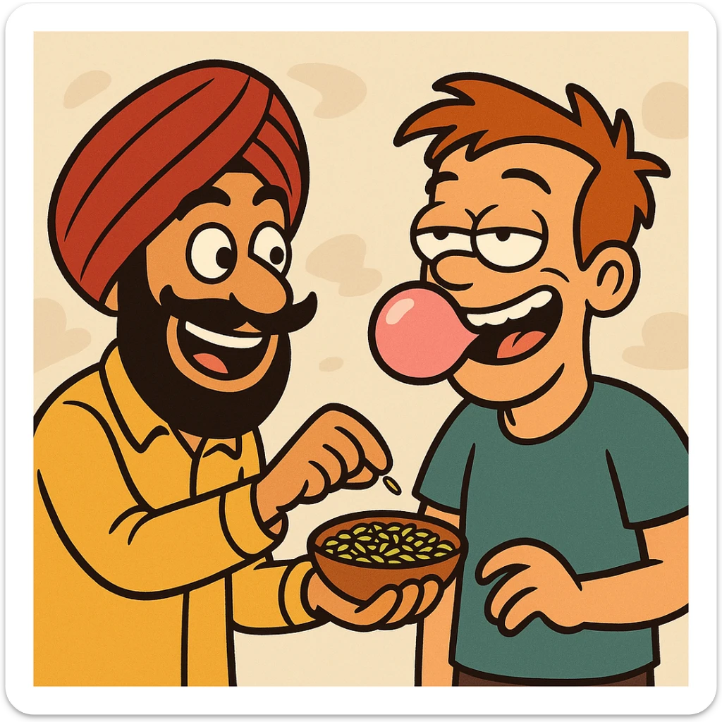 funny emoji of a Sardar character offering saunf to another character who is chewing gum, both smiling, lighthearted style sticker