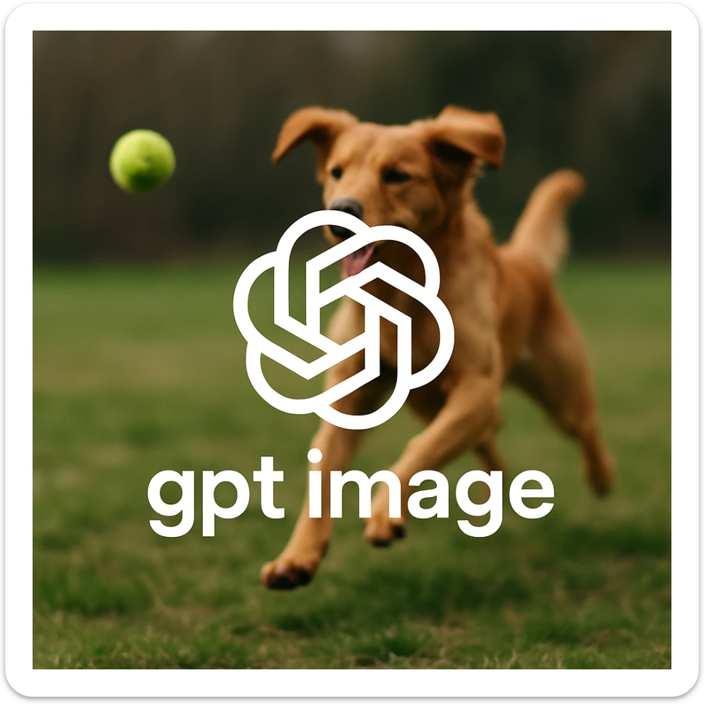  logo of chat gpt with text "gpt image" on the background of a dog chasing ball, realistic image sticker