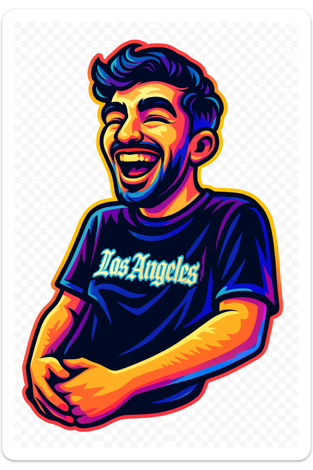 Convert the photo to a cartoon sticker in the style of Flux Pro with a laughing expression and transparent background. The style should reflect the vibrant and pop colors typical of Flux Pro cartoon stickers. sticker