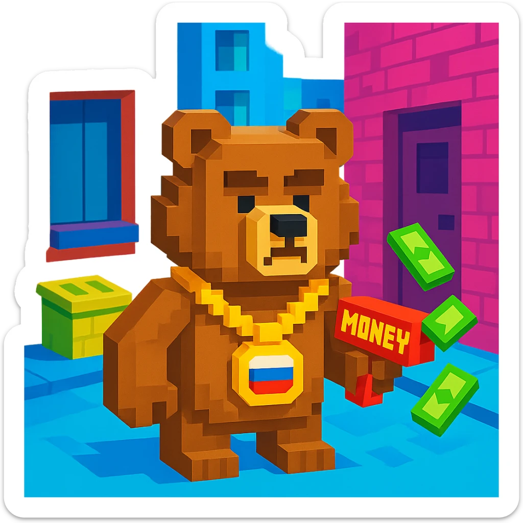 Russian grizzly bear with a rapper chain and a money gun, standing in a city alley sticker