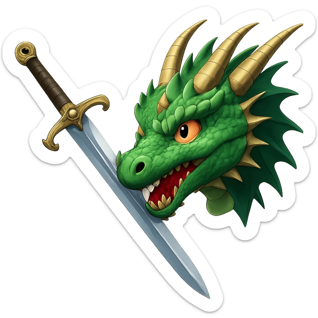 Make the sword much larger, keeping the fierce green dragon head and the medieval sword in confrontation. The background should be transparent. Maintain the style and details of the original image. sticker