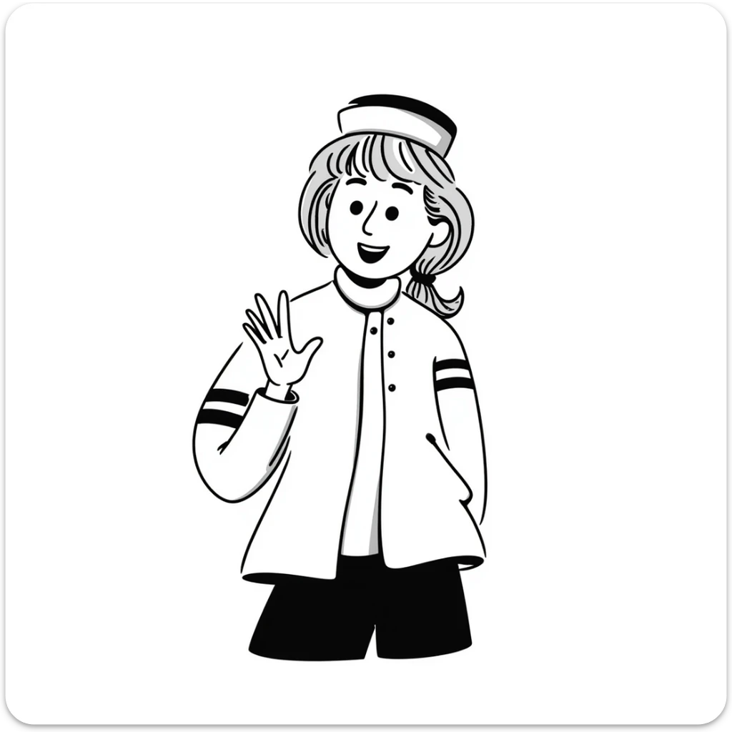 girl with dirty blonde ponytail, cruise captain uniform, waving at the camera sticker
