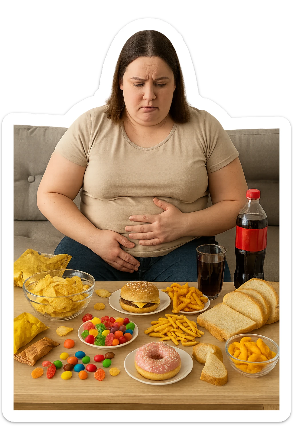 Donna tra i 25 e i 35 anni seduta sul divano o a un tavolo disordinato, circondata da cibi sparsi e poco sani: patatine, dolci, pane bianco, snack confezionati, bibite. con insulino resistenza sticker