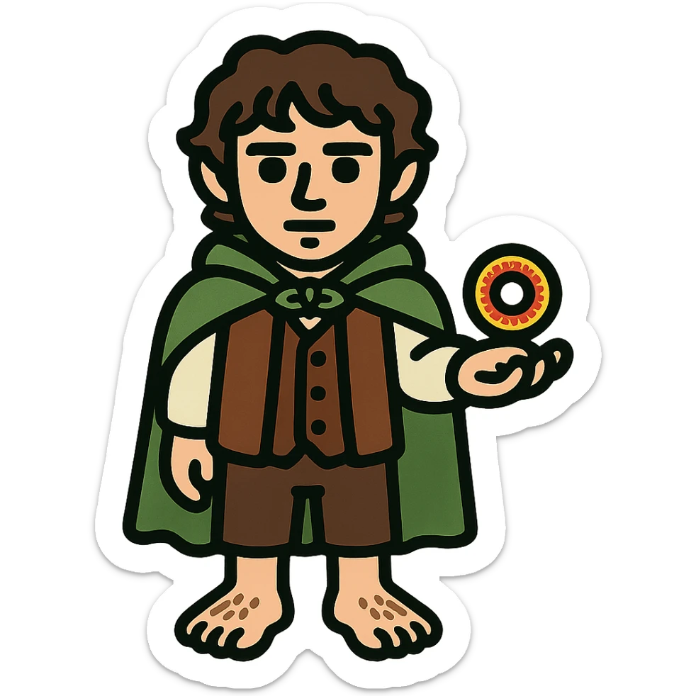 Whole body image of Frodo Baggins from the lord of the rings movie in pixel art style. Make Frodo look like the actor that portrayed him in the movie, Elijah Wood. Frodo is wearing the same green elven cloak with the leaf buckle, brown vest, cream undershirt, dark brown leather short pants, and hairy hobbit feet. He is holding the one ring in the palm of his outstretched hand. the ring is golden yellow with red elven inscription. sticker