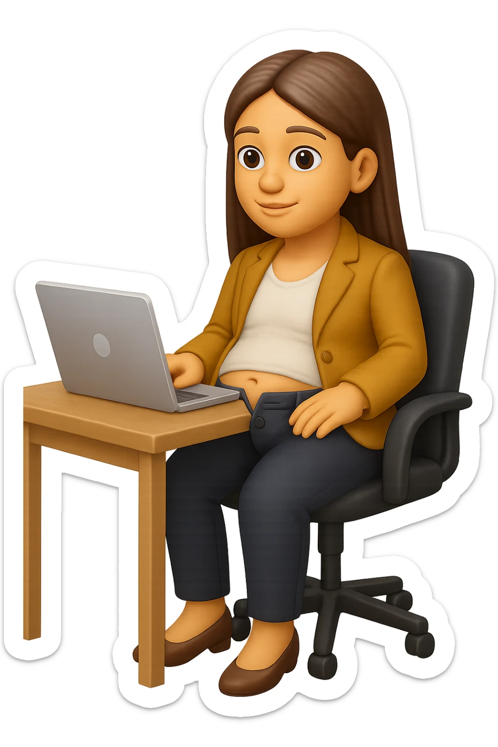 emoji stile iphone di una donna seduta alla scrivania dell'ufficio in completo elegante con i pantaloni sbottonati perché ha la pancia gonfia, falla a corpo intero, iperrealistico 4k sticker