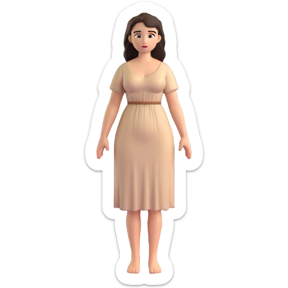 fullbody Mary Magdalene, fit and buxom body, very pretty detailed face, normal height, simple light tan dress, arms down with hands by hips, dark hair sticker