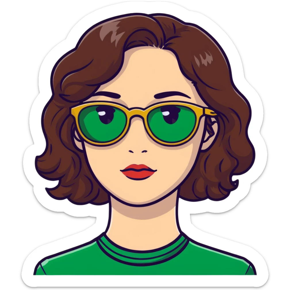 woman with pale skin, brown wavy hair, green eyes, gold glasses sticker
