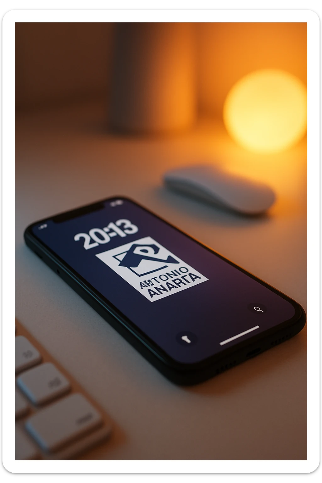 A photo of an iPhone on the desk with the message "Antonio Anania" on its screen, The phone sits atop a desk with a blurred background that suggests work environment. A faint glow from above casts gentle shadows across the surface of each object, creating depth and highlighting their textures sticker
