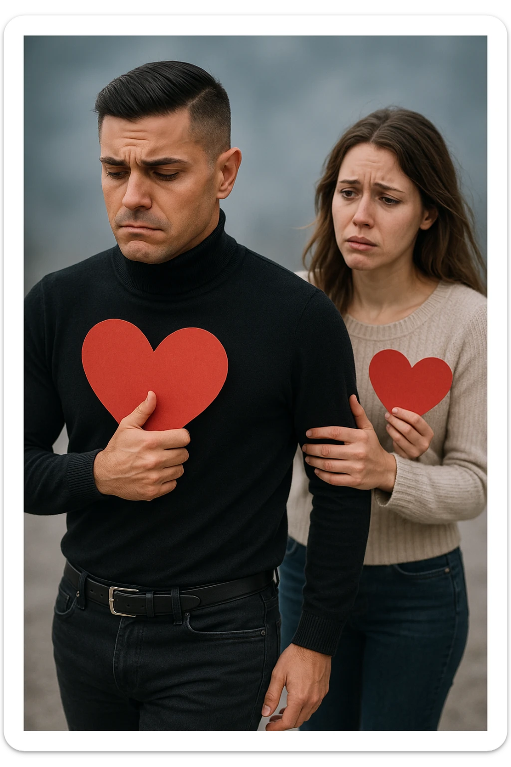 un uomo italiano in abiti casual si allontana da una donna che cerca di abbracciarlo. Lui stringe al petto un grande cuore rosso, mentre lei ne tiene uno più piccolo; entrambi hanno espressioni tristi, e la distanza emotiva è sottolineata da uno sfondo sfocato e freddo. sticker
