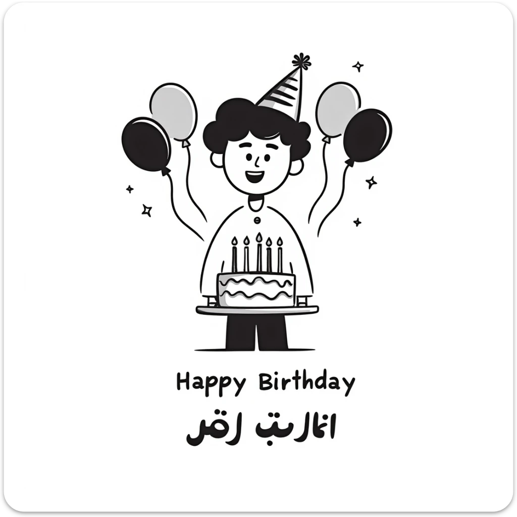 A cute little boy smiling with a birthday cake with candles and birthday decorations like balloons and party hats. At the bottom write in Persian text: "امیدرضاجان تولدت مبارک" sticker