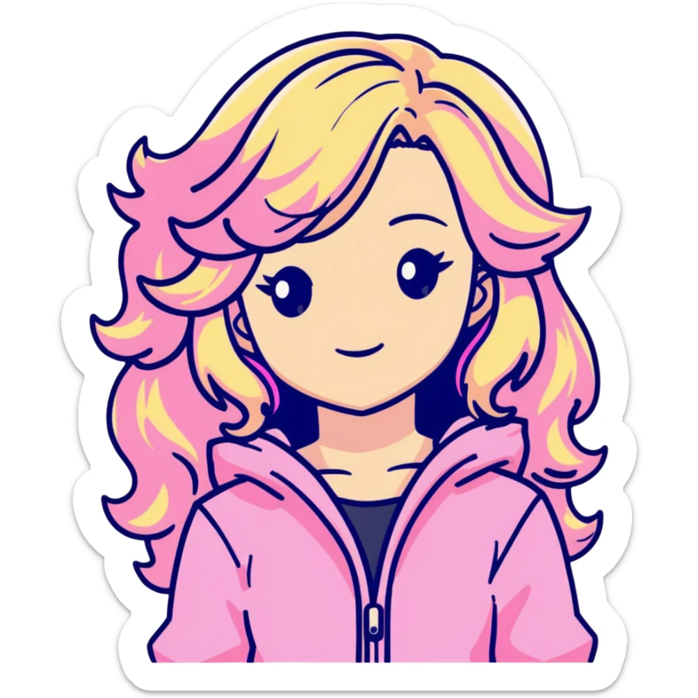 Hime gyaru girl blonde mid curly hair with pink highlights,wearing pink clothes sticker