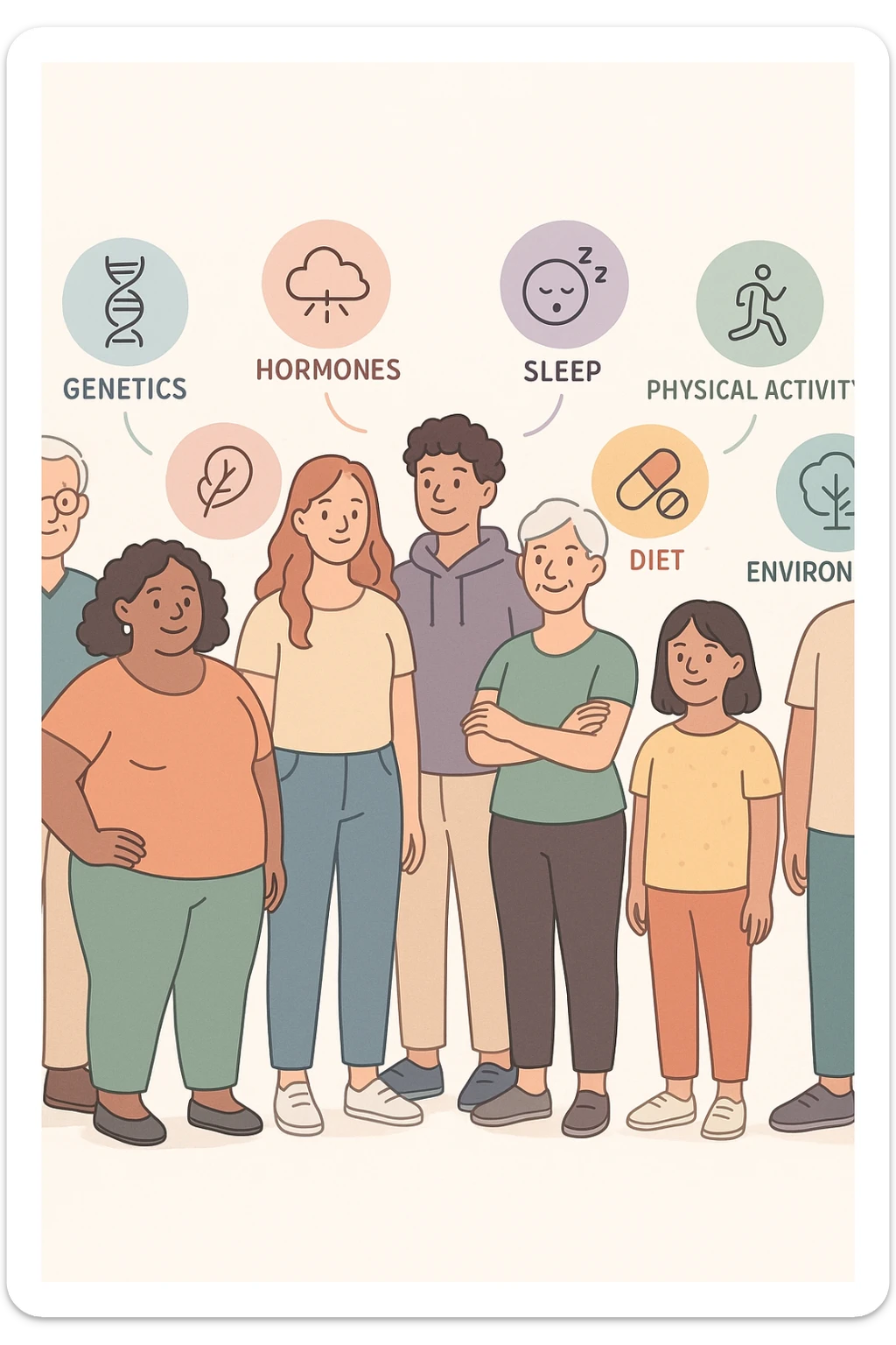 a diverse group of people of different body shapes, sizes, ages, and backgrounds stand together, each surrounded by floating icons representing factors like genetics, hormones, stress, sleep, physical activity, diet, medication, and environment. The mood is inclusive and informative, emphasizing that weight is influenced by many interconnected elements. sticker