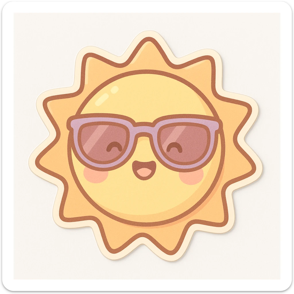 chibi sticker of a cheerful sun wearing sunglasses, pastel colors, cute style, white background sticker