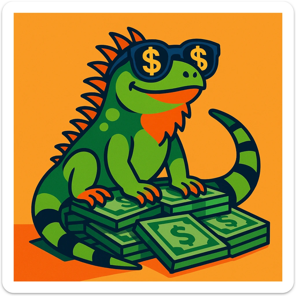 a green iguana with dollar sign sunglasses, sitting on a pile of cash, in a vibrant, playful style sticker