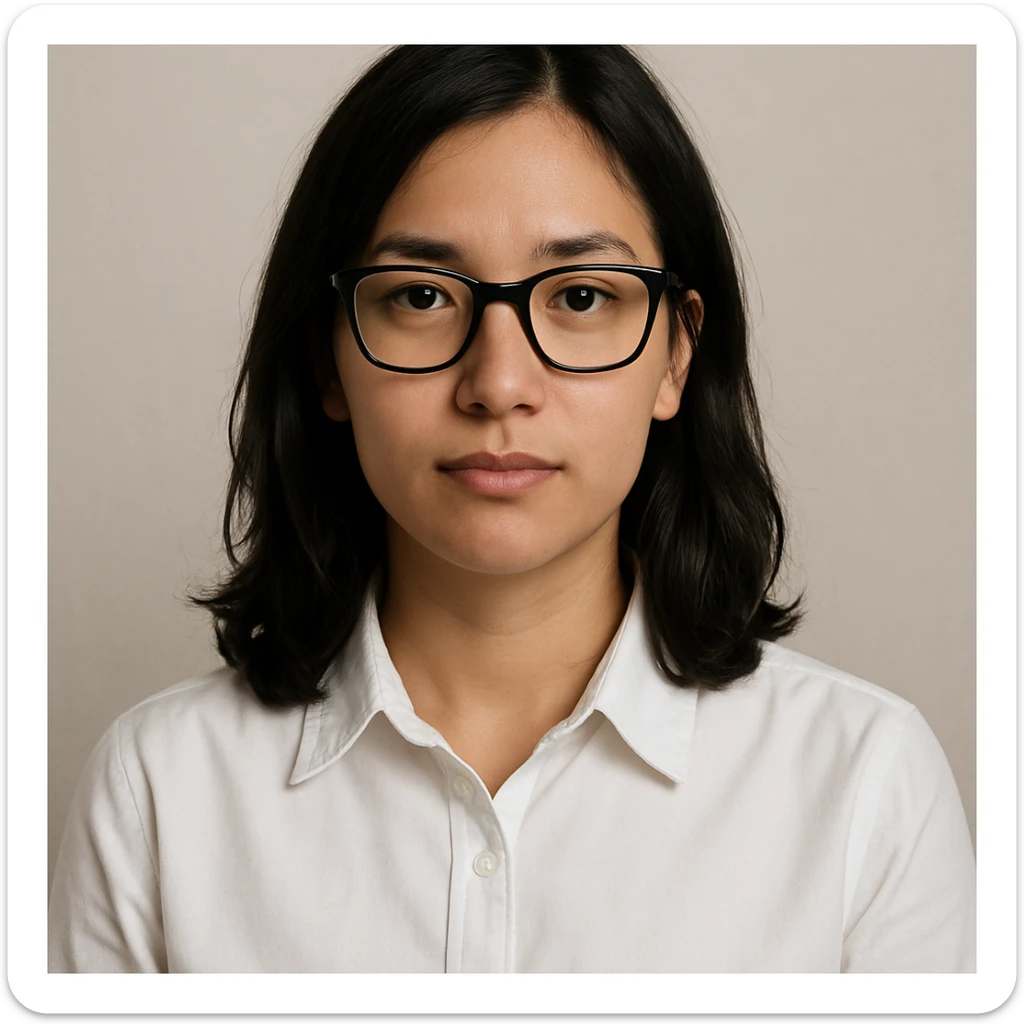 upper body portrait of a medium length black haired girl with black glasses, light tan skin, wearing a white collared shirt, neutral background sticker