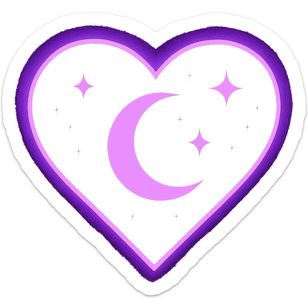 Change the heart with a crescent moon and stars to a purple night theme with a dark purple background, glowing edges, and more stars. Remove the background entirely. sticker