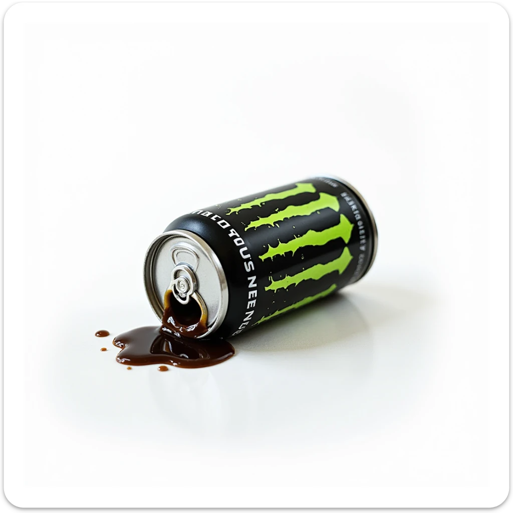 photorealistic monster energy drink can tipped over with liquid spilling, neon green branding, on a white background sticker