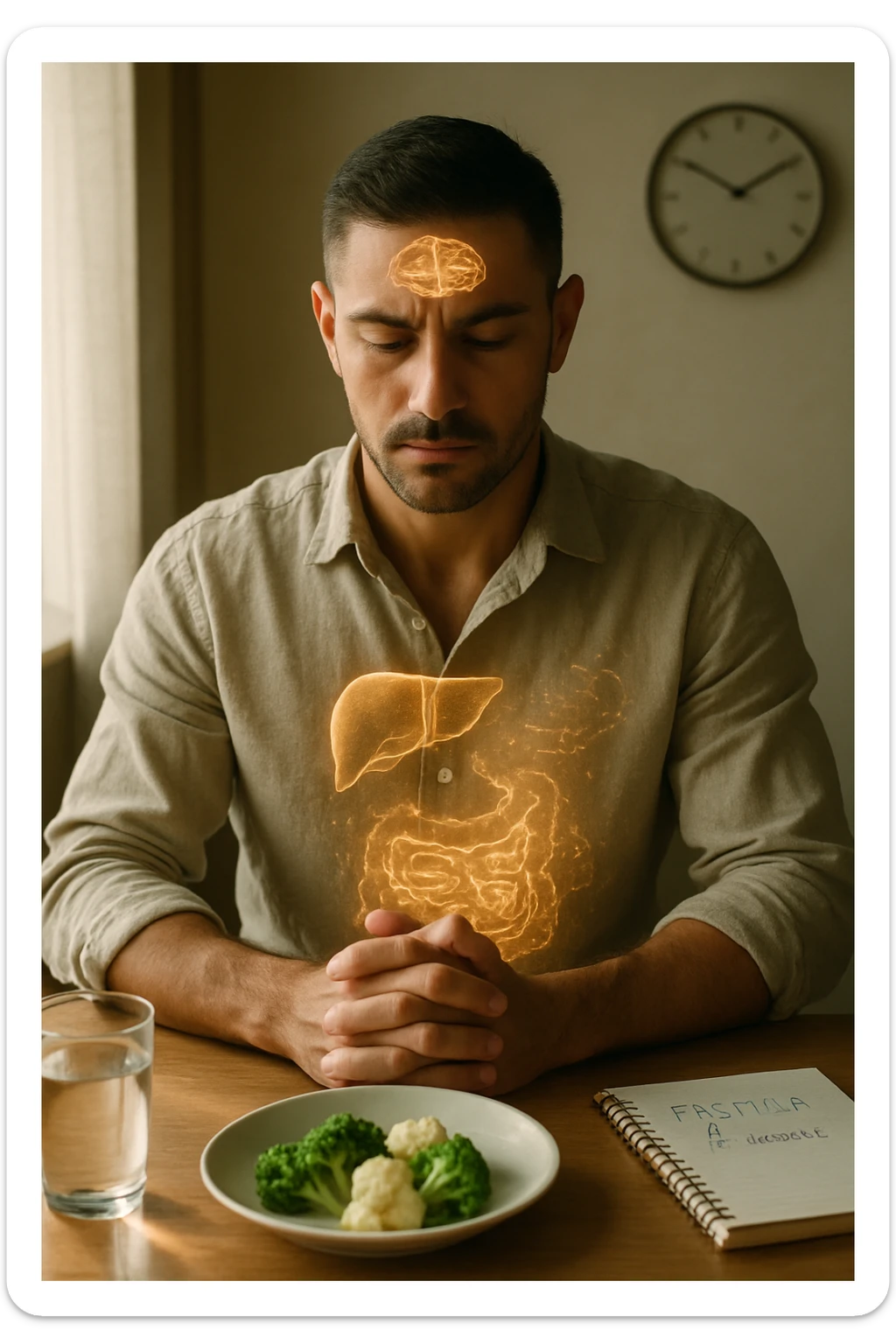 A cinematic close-up of a focused man in his mid-30s with slight beard and tired but determined eyes, sitting alone at a simple wooden table with an untouched plate of food in front of him. His hands are clasped, fingers interlocked in a meditative position over his lower abdomen, symbolizing willpower and internal balance. He wears a lightweight natural fiber shirt, sleeves rolled up. The lighting is soft and natural, early morning light coming from a nearby window. Around him, visual cues of cellular regeneration — faint glowing patterns subtly overlaying his body, especially near the liver, gut, and brain, suggesting autophagy and deep healing. The room is minimalist: a glass of water, a notebook with fasting hours, and a clock in the background ticking calmly. The tone is serene, intentional, and deeply introspective. Shot in 35mm cinematic style, warm highlights and clean shadows. sticker