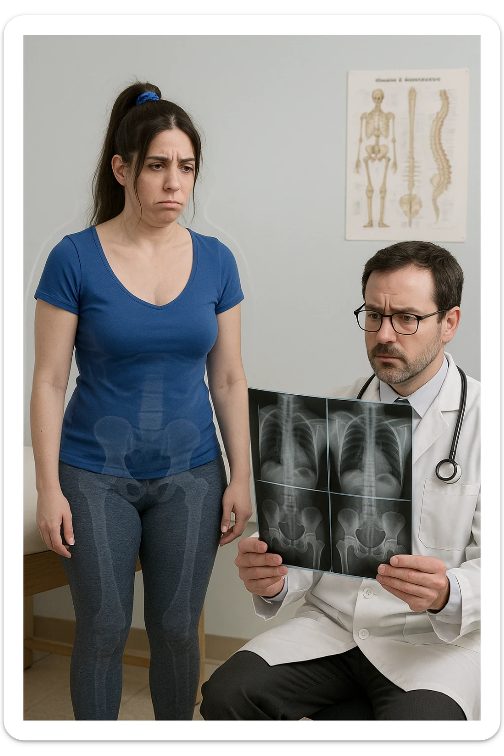 a person sits in a doctor’s office, holding medical imaging results (like X-rays or MRI scans) that appear normal. However, a subtle shadow or ghosted outline around their body reveals postural asymmetries—such as uneven shoulders or hips—that are not visible in the scans. The doctor looks puzzled, while the patient appears frustrated. sticker